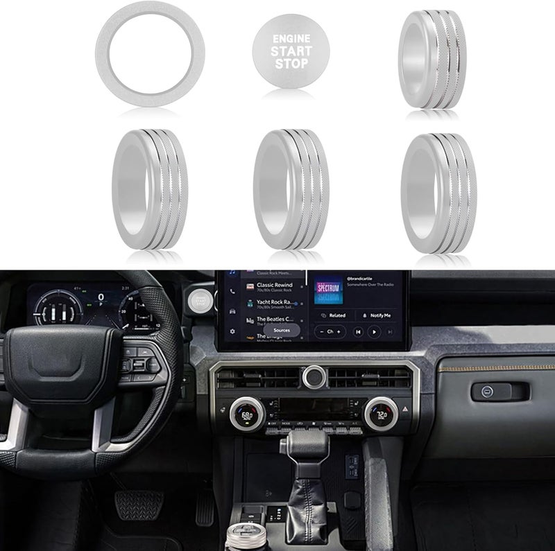 HDUFC For Toyota Tacoma 2024 2025/4Runner/4Runner Hybrid 2025 One Touch Start, Screen Center Console Button Knob Cover Ring Air Conditioner AC Switch Audio Aluminum Alloy Parts 6pcs (14-inch screen, silver) - Image 1